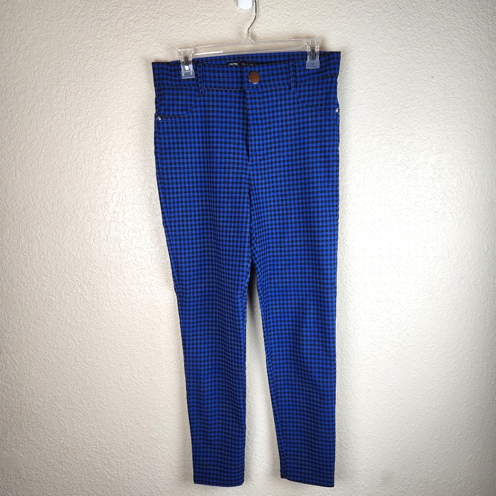 Zara Women's Gingham Plaid Blue and Black High Rise Skinny Leggings/Jeggings L